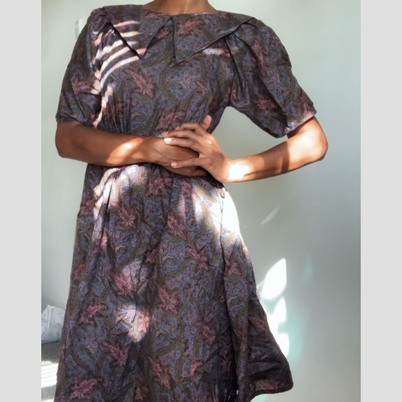80s gray silk midi dress paisley puff sleeve dress peter pan collar shirtdress